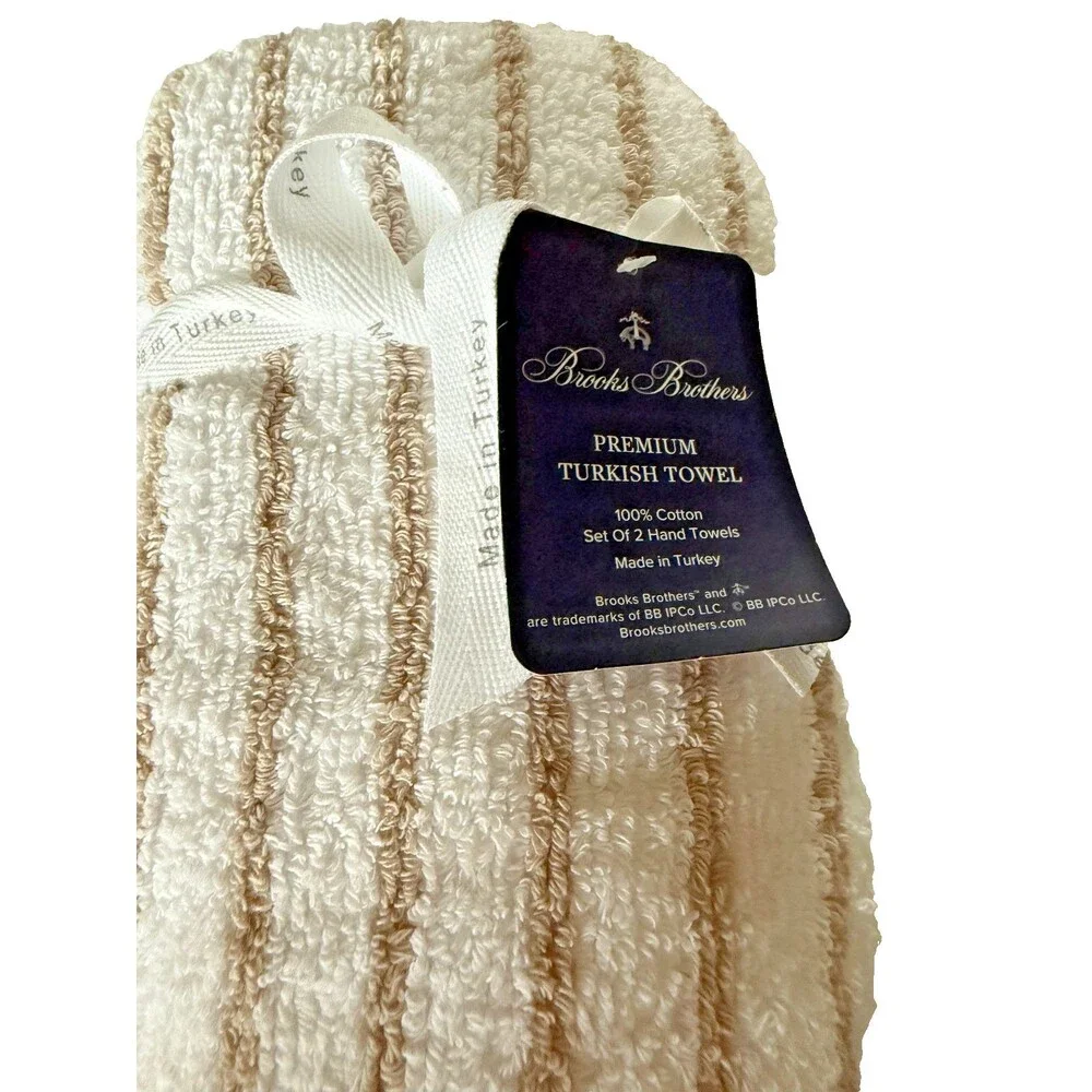 Brooks Brothers Hand Towels Luxury White Striped Thick Plush Turkish Set of 2
